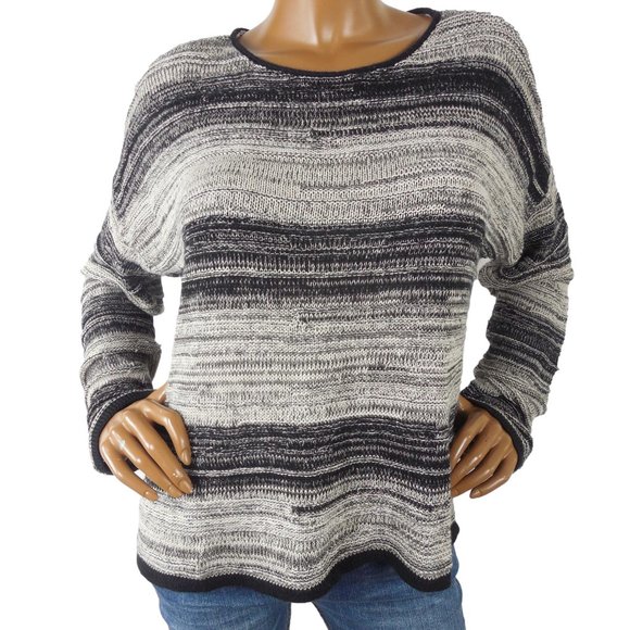 EILEEN FISHER Sweater L Black/Tan Casual Relaxed Cropped Linen Wool Long Sleeves - Picture 2 of 12